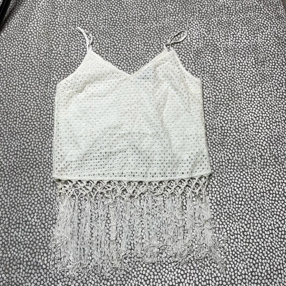 Skies Are Blue White Crochet Top With Fringe Small - Picture 5 of 8